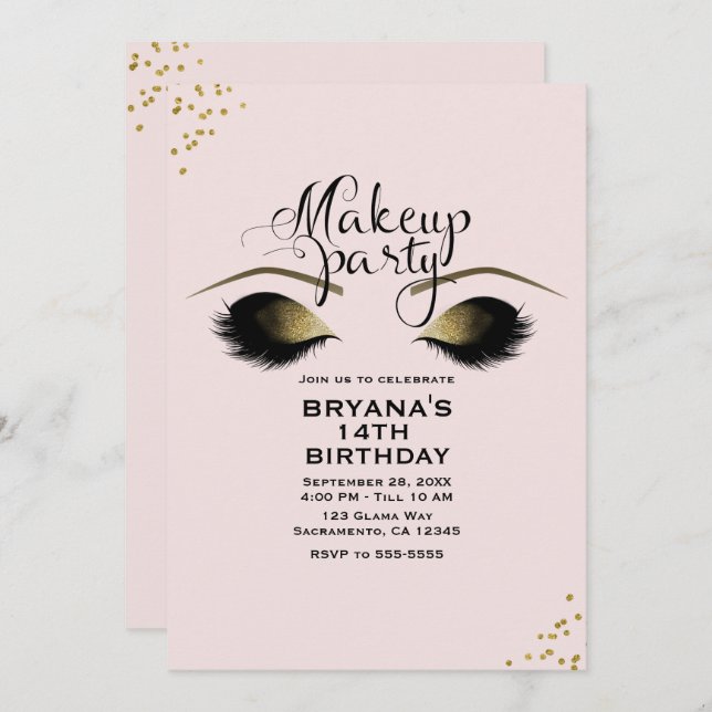 Blush Pink Gold Makeup Eyelashes Party Event Invitation (Front/Back)