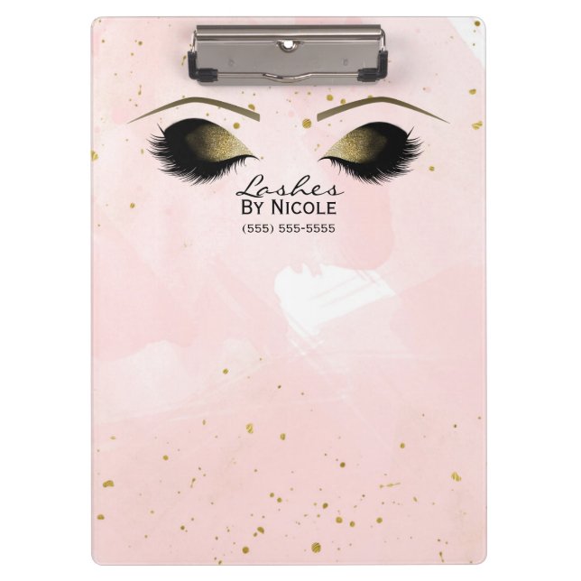 Blush Pink & Gold Makeup Eyes Lashes Personalised Clipboard (Front)