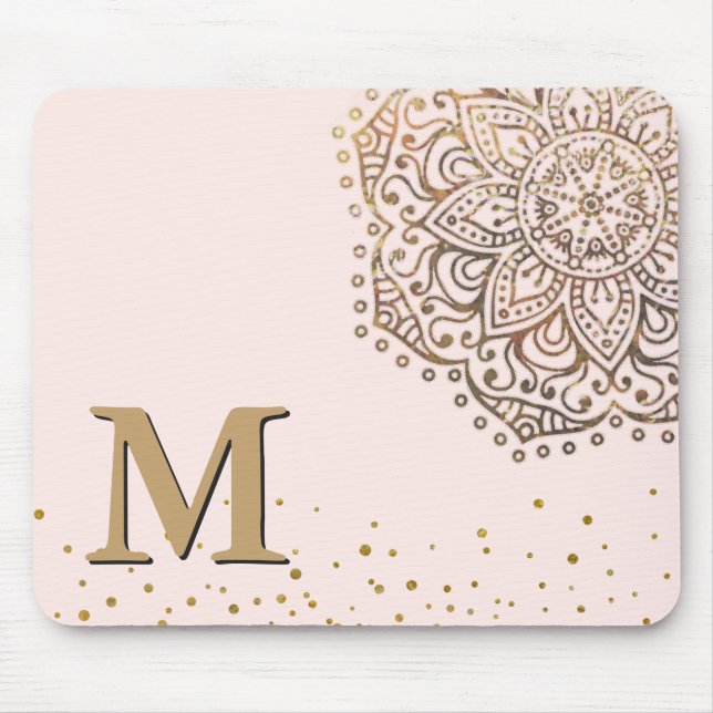 Blush Pink Gold Mandala Boho | Monogrammed Initial Mouse Mat (Front)