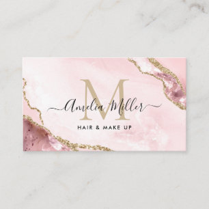 Blush Pink Gold Marble Agate Hair Makeup Monogram Business Card
