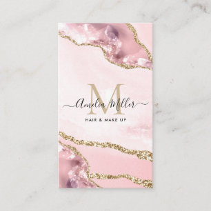 Blush Pink Gold Marble Agate Hair Makeup Monogram Business Card