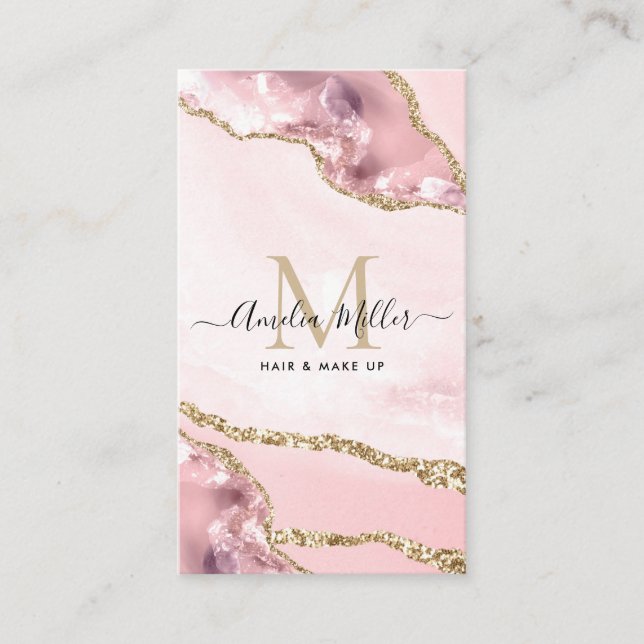 Blush Pink Gold Marble Agate Hair Makeup Monogram Business Card (Front)