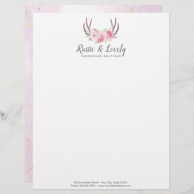 Blush Pink Gold Marble Rustic Floral Antlers Chic Custom Letterhead (Front/Back)