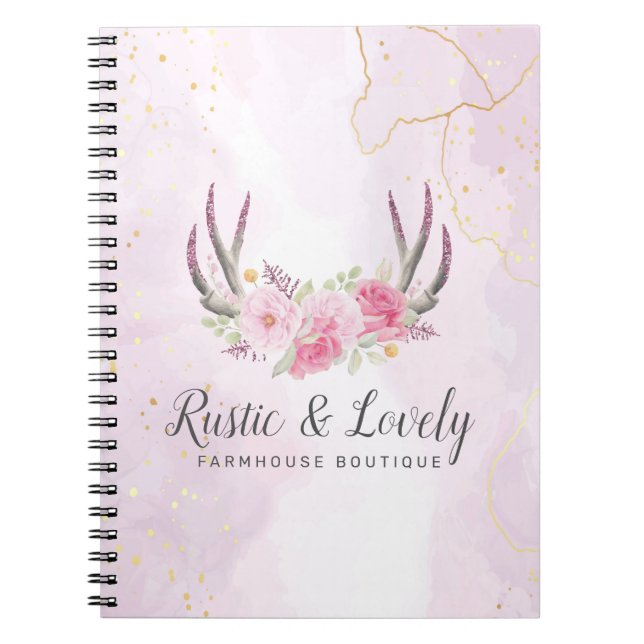 Blush Pink Gold Marble Rustic Floral Antlers Chic Notebook (Front)