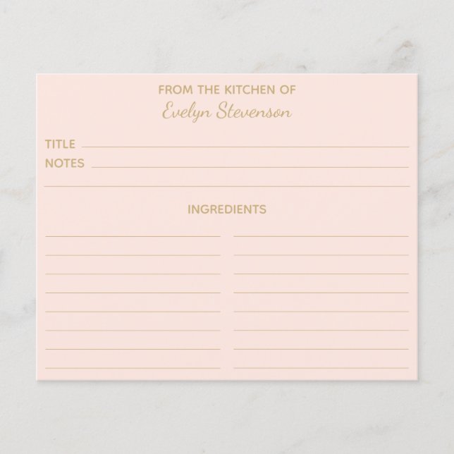 Blush Pink Gold Minimalist Custom Recipe Cards (Front)