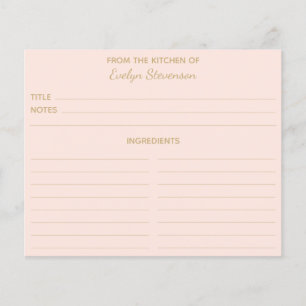 Blush Pink Gold Minimalist Custom Recipe Cards