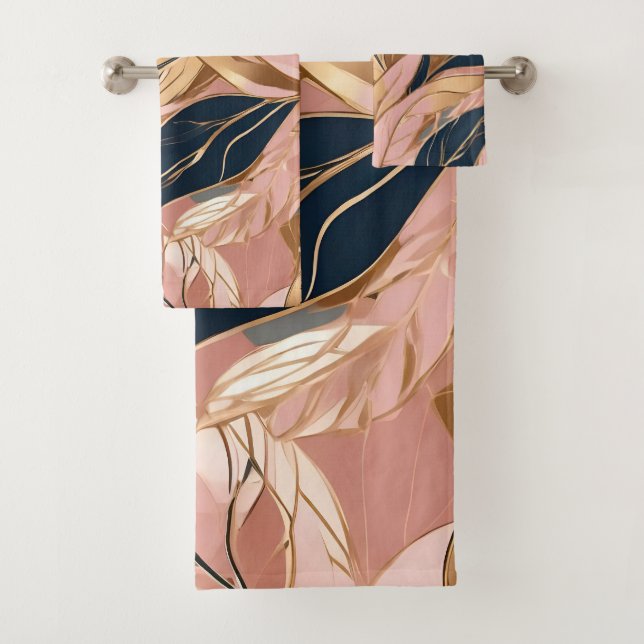 Blush Pink Gold Modern Boho Leaves Collection Bath Towel Set (Insitu)