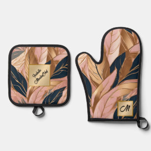 Blush Pink Gold Modern Boho Leaves Collection Oven Mitt & Pot Holder Set