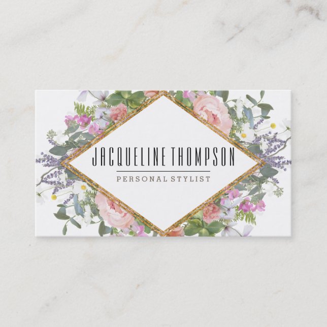 Blush Pink Gold Modern Geometric Floral Flowers Business Card (Front)