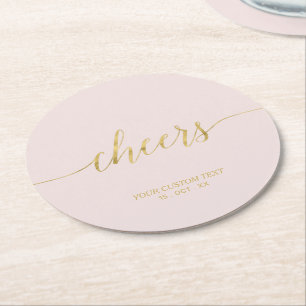 Blush Pink & Gold Modern Lettering Cheers Party Round Paper Coaster