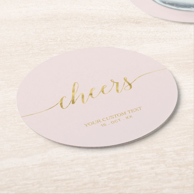 Blush Pink & Gold Modern Lettering Cheers Party Round Paper Coaster (Angled)