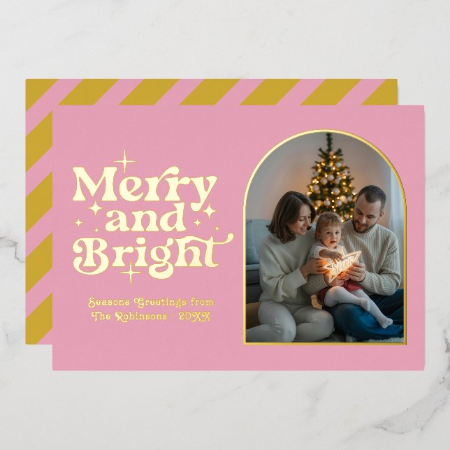 Blush Pink & Gold Modern Retro Christmas Photo Foil Holiday Card (Front/Back)
