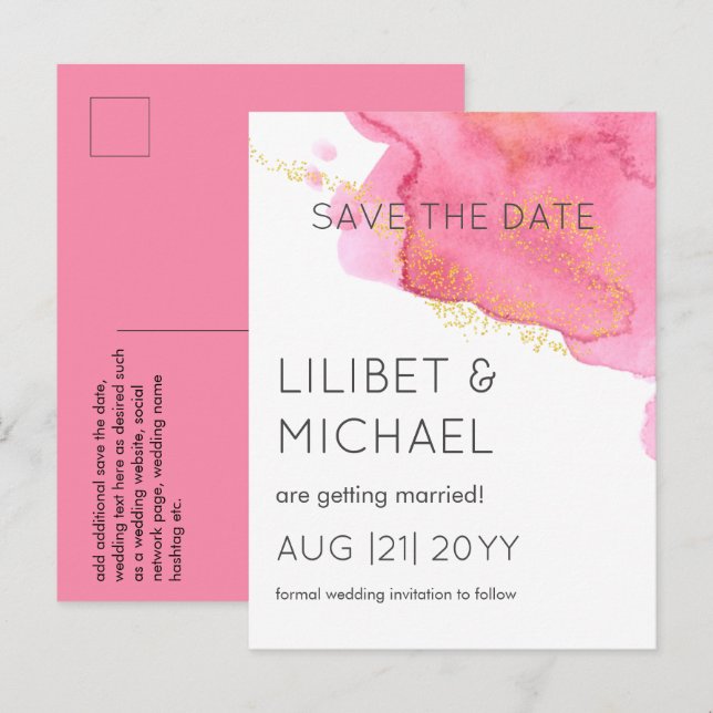 Blush Pink Gold Modern Wedding Save Dates Postcard (Front/Back)