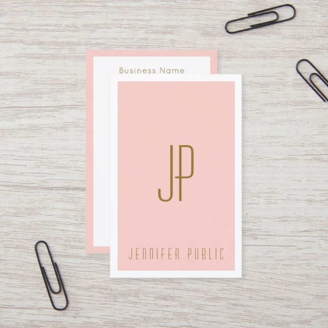 Blush Pink Gold Monogram Initial Letter Vertical Business Card (Front/Back In Situ)