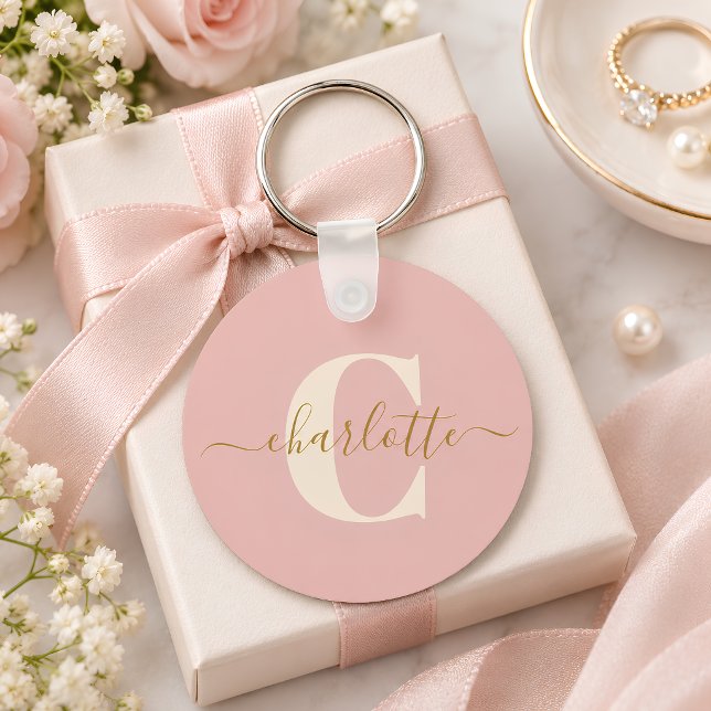 Blush Pink Gold Monogram Name Script Personalised Key Ring (Creator Uploaded)