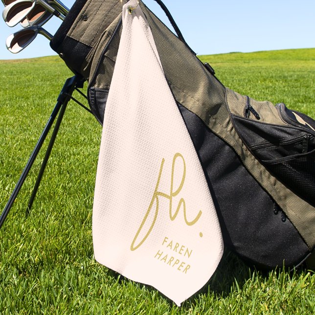 Blush Pink Gold Monogram Script Modern Name Girly Golf Towel (Creator Uploaded)