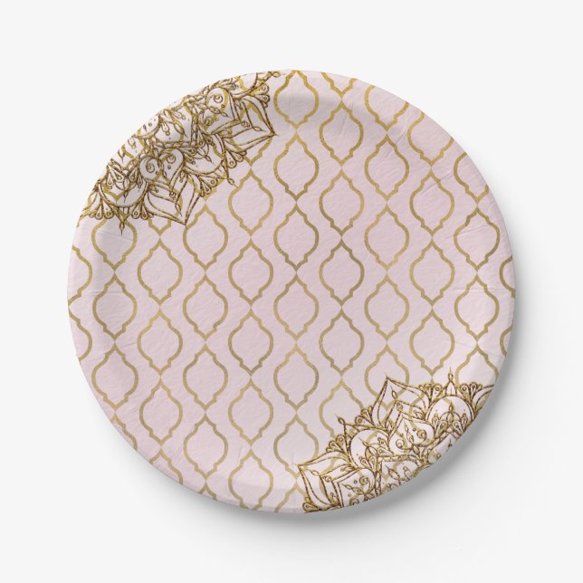 Blush Pink & Gold Moroccan Arabian Nights Wedding Paper Plate (Front)