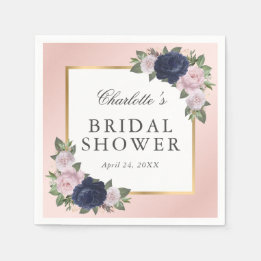 Blush Pink Gold Navy Blue Floral Bridal Shower Napkin