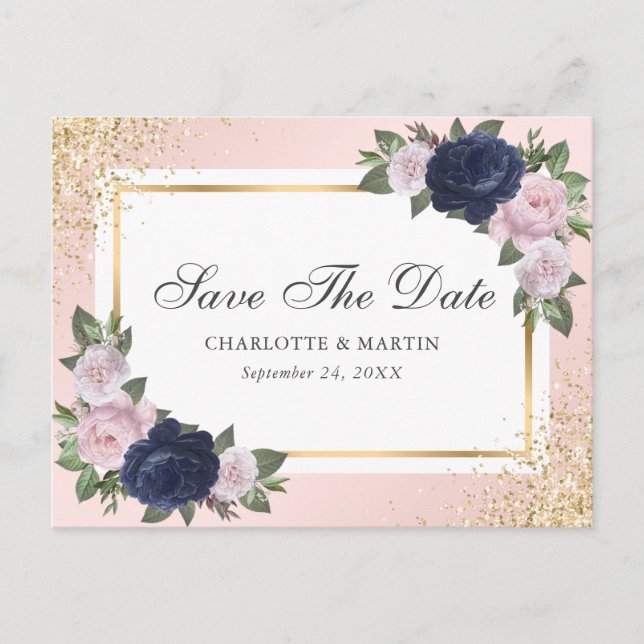 Blush Pink Gold Navy Blue Floral Wedding Announcement Postcard (Front)