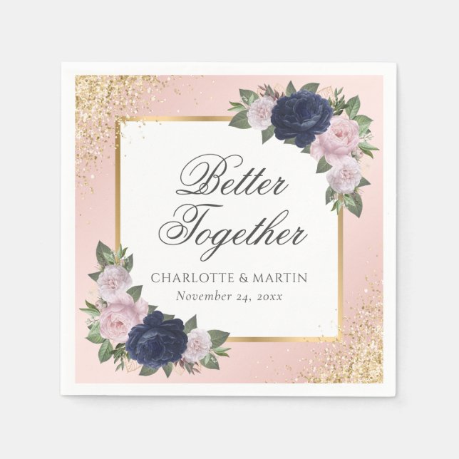 Blush Pink Gold Navy Blue Floral Wedding Napkin (Front)