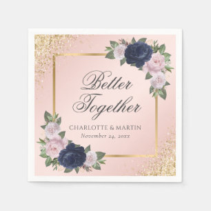Blush Pink Gold Navy Blue Floral Wedding Napkin