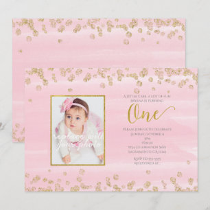 Blush Pink Gold ONE 1st Birthday Photo Invitation