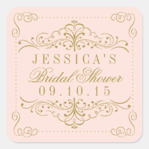 Blush Pink & Gold Ornate Swirl Bridal Shower Favou Square Sticker