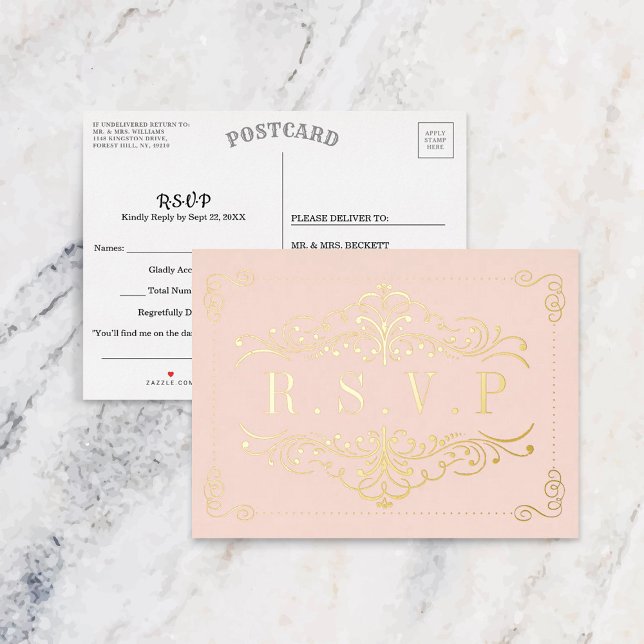 Blush Pink & Gold Ornate Swirl Wedding RSVP Real Foil Invitation Postcard (Creator Uploaded)