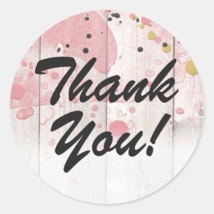 Blush Pink & Gold Paint on Rustic Wood Thank You Classic Round Sticker