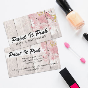 Blush Pink & Gold Paint Splatter on Rustic Wood Business Card
