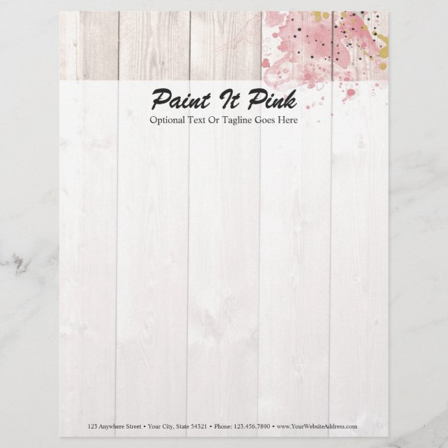 Blush Pink & Gold Paint Splatter on Rustic Wood Letterhead Template (Front)