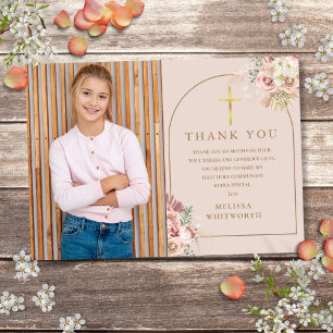 Blush Pink Gold Pampas Grass First Holy Communion Thank You Card