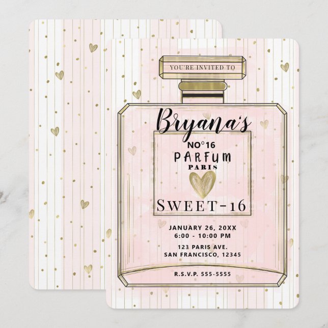 Blush Pink & Gold Paris Parfum Sweet 16 Birthday Invitation (Front/Back)