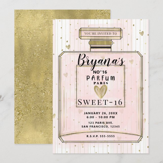 Blush Pink & Gold Paris Parfum Sweet 16 Birthday Invitation (Front/Back)