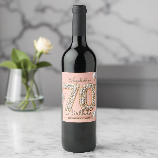 Blush Pink Gold Pearl Mosaic 70th Birthday Wine Label (Creator Uploaded)