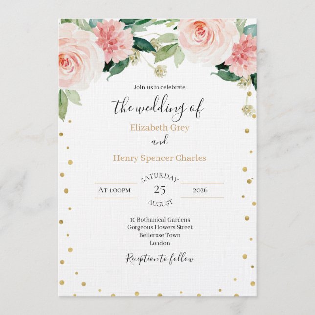 Blush pink gold peony elegant floral wedding  invitation (Front)