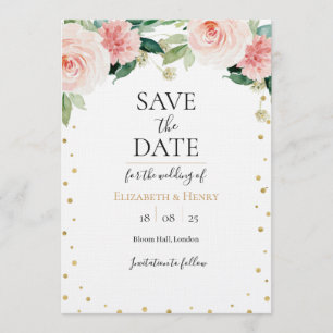 Blush pink gold peony floral wedding save the date invitation