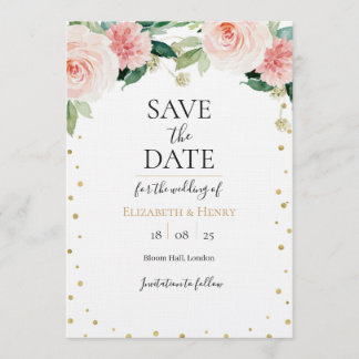 Blush pink gold peony floral wedding save the date invitation