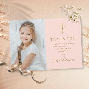 Blush Pink Gold Photo First Holy Communion Thank You Card