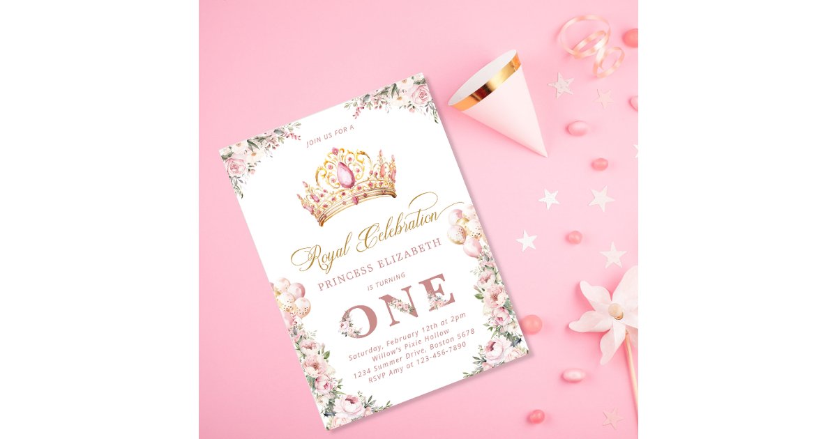 Blush Pink Gold Princess 1st Birthday Party Crown Invitation | Zazzle