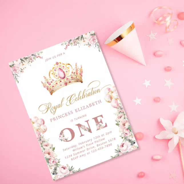Blush Pink Gold Princess 1st Birthday Party Crown Invitation | Zazzle