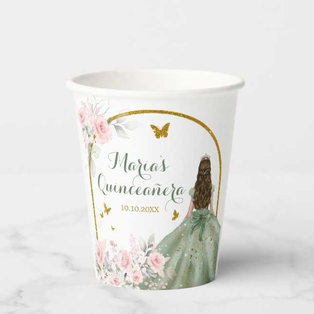 Blush Pink Gold Princess Butterfly Quinceañera Paper Cups (Front)
