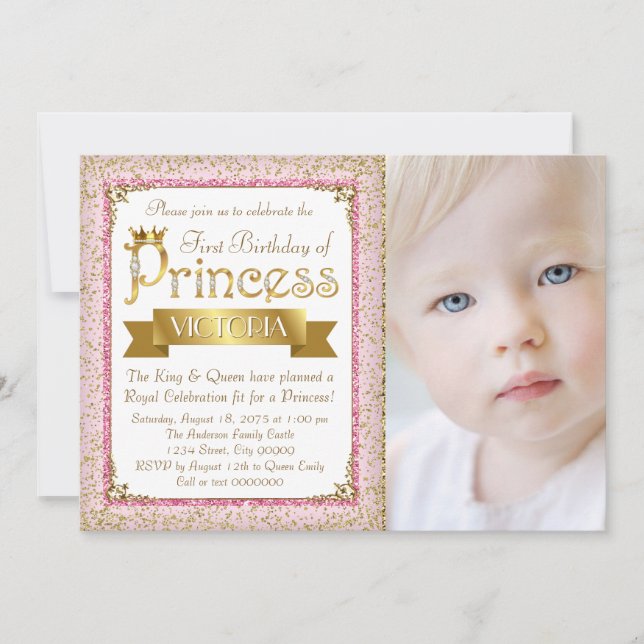 Blush Pink Gold Princess First Birthday Party Invitation (Front)
