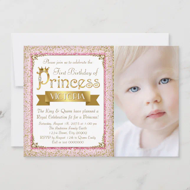 Blush Pink Gold Princess First Birthday Party Invitation | Zazzle