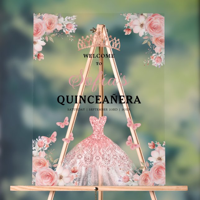 Blush Pink Gold Princess Quinceañera Welcome  Acrylic Sign (Neutral)