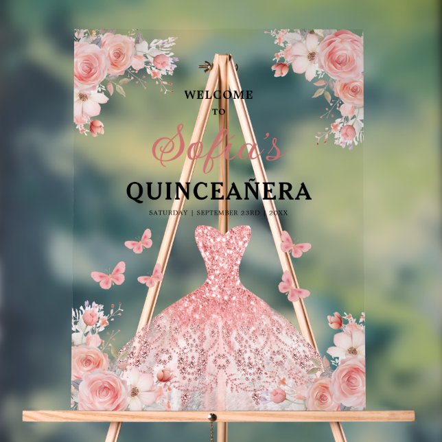 Blush Pink Gold Princess Quinceañera Welcome  Acrylic Sign (Neutral)