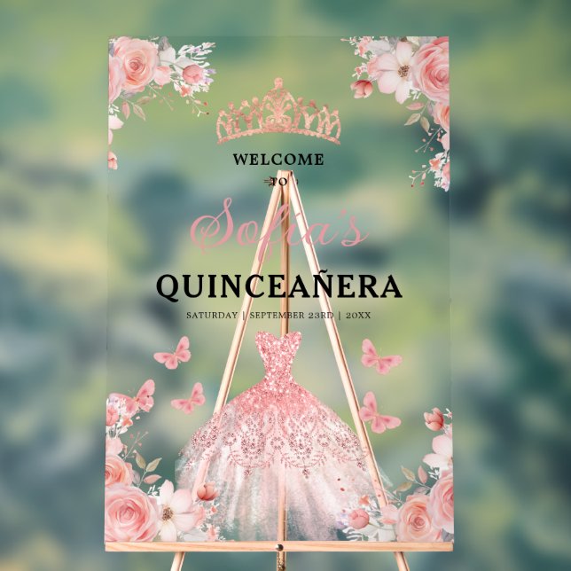 Blush Pink Gold Princess Quinceañera Welcome  Acrylic Sign (Neutral)