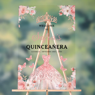 Blush Pink Gold Princess Quinceañera Welcome  Acrylic Sign