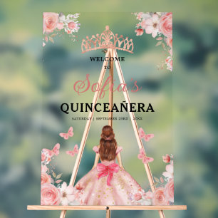 Blush Pink Gold Princess Quinceañera Welcome  Acrylic Sign
