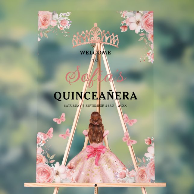 Blush Pink Gold Princess Quinceañera Welcome  Acrylic Sign (Neutral)